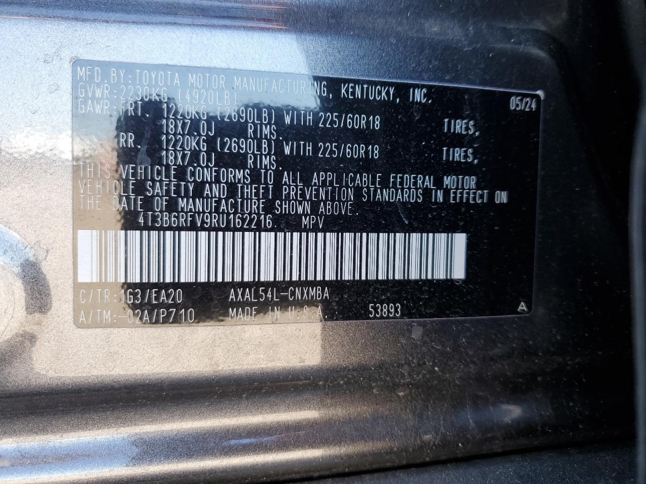 2024 TOYOTA RAV4 XLE PREMIUM VIN:4T3B6RFV9RU162216