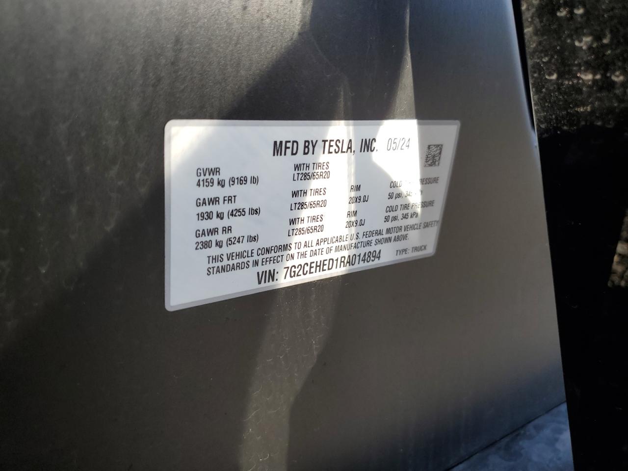 2024 TESLA CYBERTRUCK VIN:7G2CEHED1RA014894
