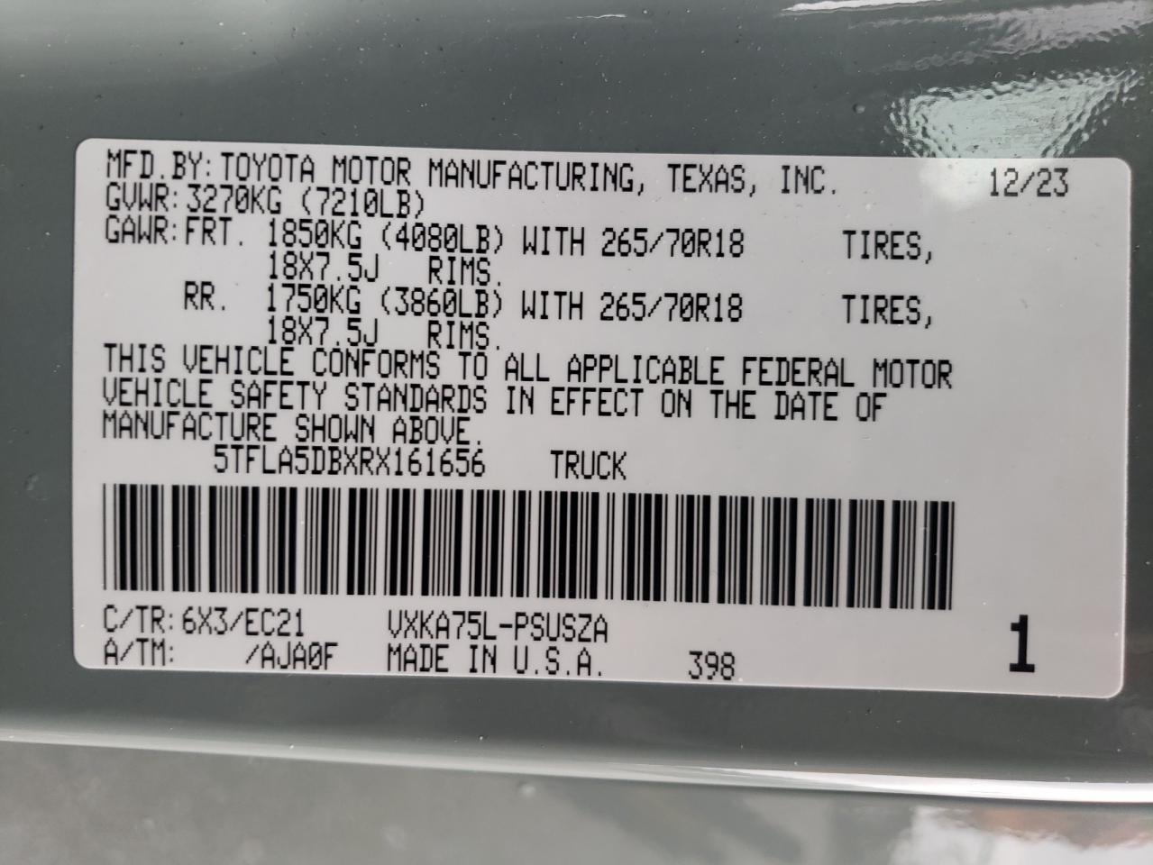 2024 TOYOTA TUNDRA CREWMAX SR VIN:5TFLA5DBXRX161656