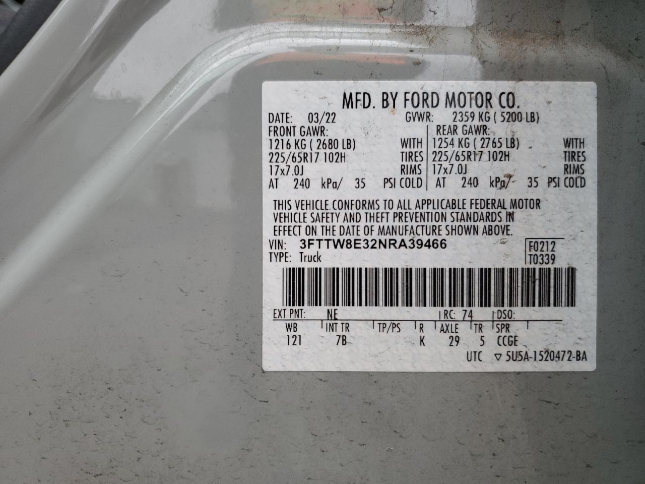 2022 FORD MAVERICK XL VIN:3FTTW8E32NRA39466