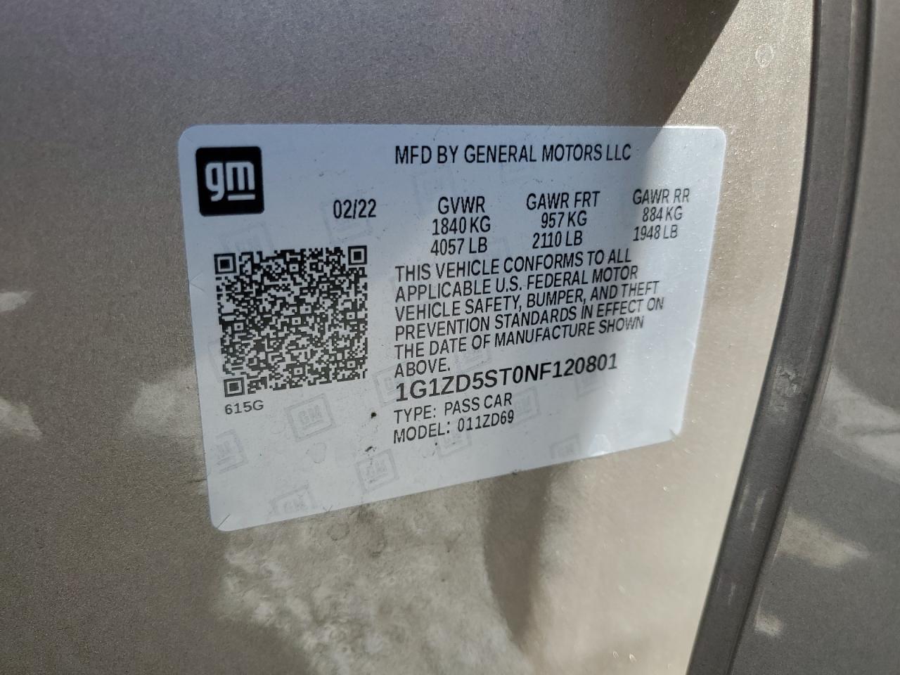 2022 CHEVROLET MALIBU LT VIN:1G1ZD5ST0NF120801