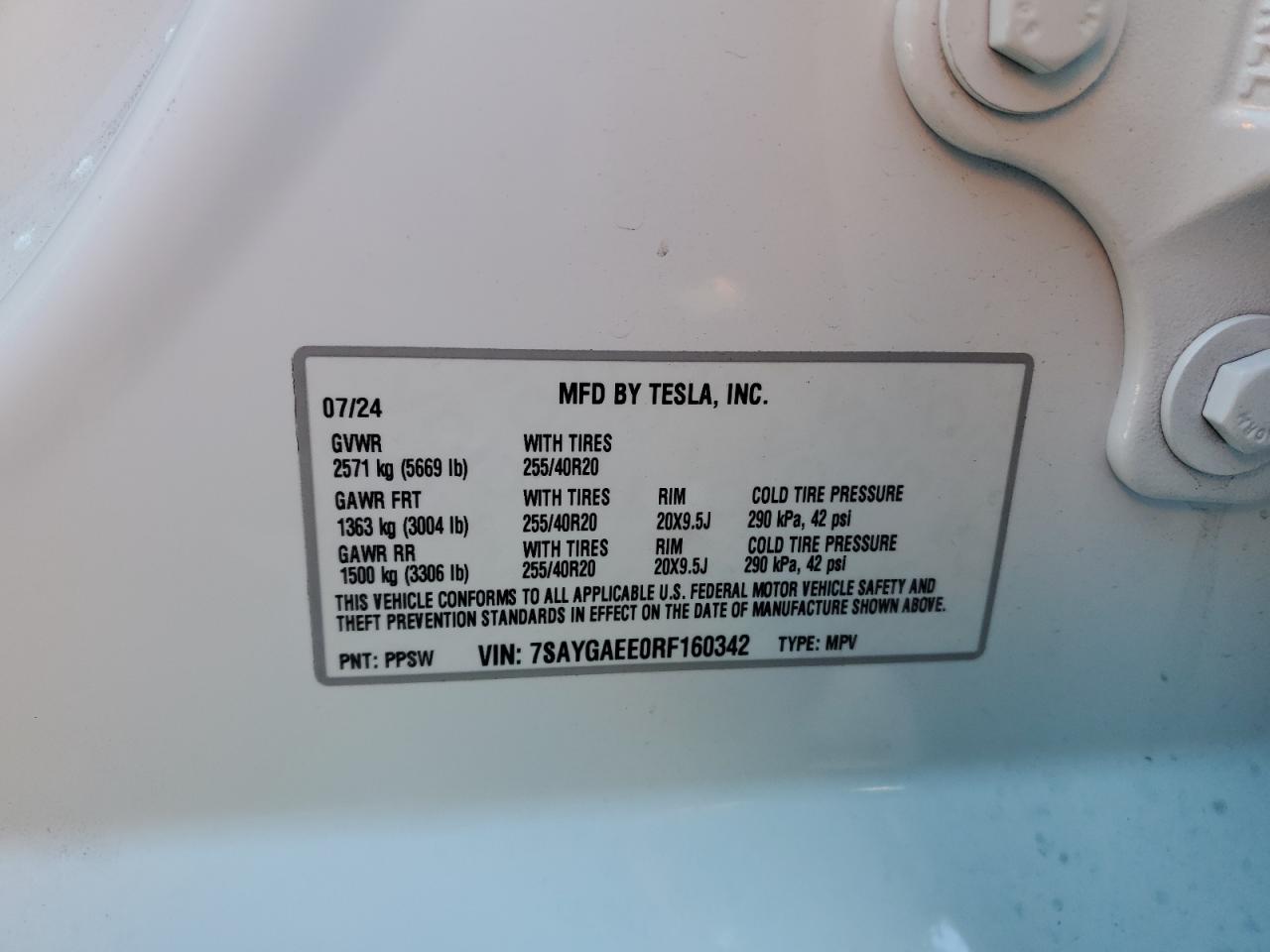 2024 TESLA MODEL Y VIN:7SAYGAEE0RF160342