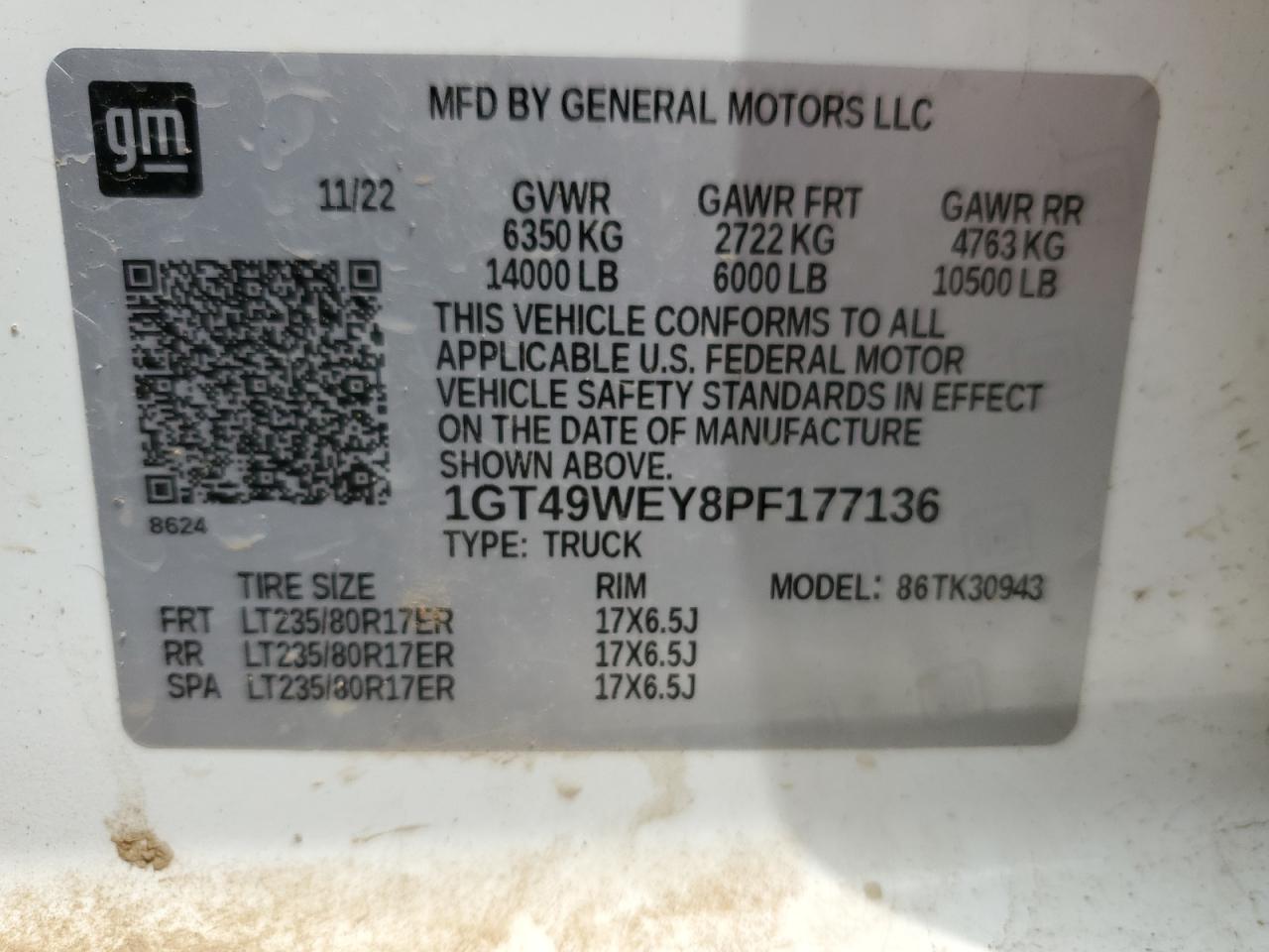 2023 GMC SIERRA K3500 DENALI VIN:1GT49WEY8PF177136