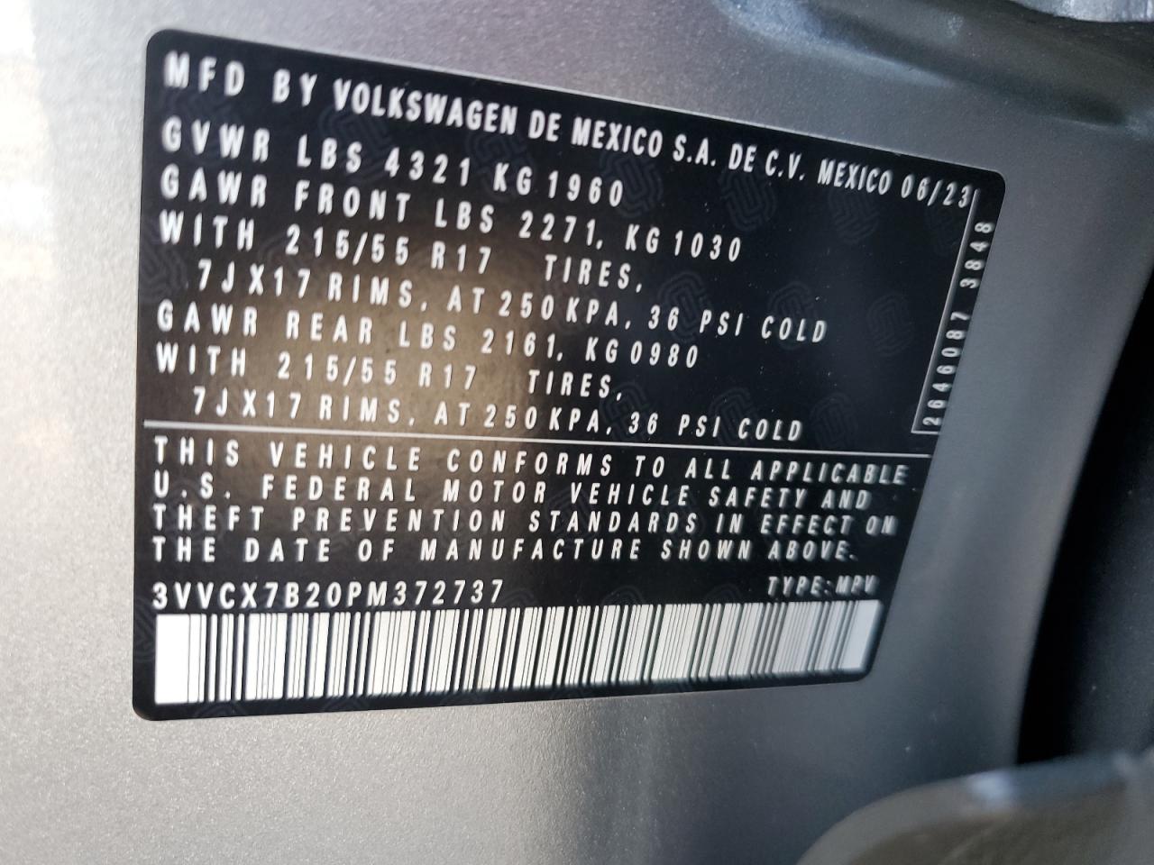 2023 VOLKSWAGEN TAOS S VIN:3VVCX7B20PM372737