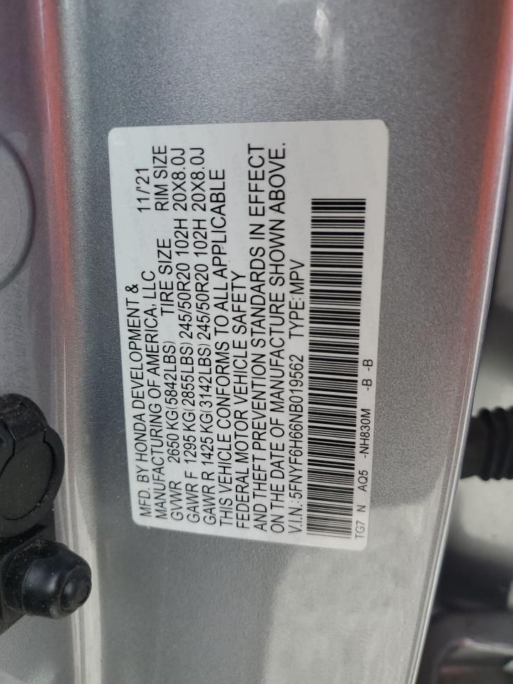 2022 HONDA PILOT TOURING VIN:5FNYF6H66NB019562