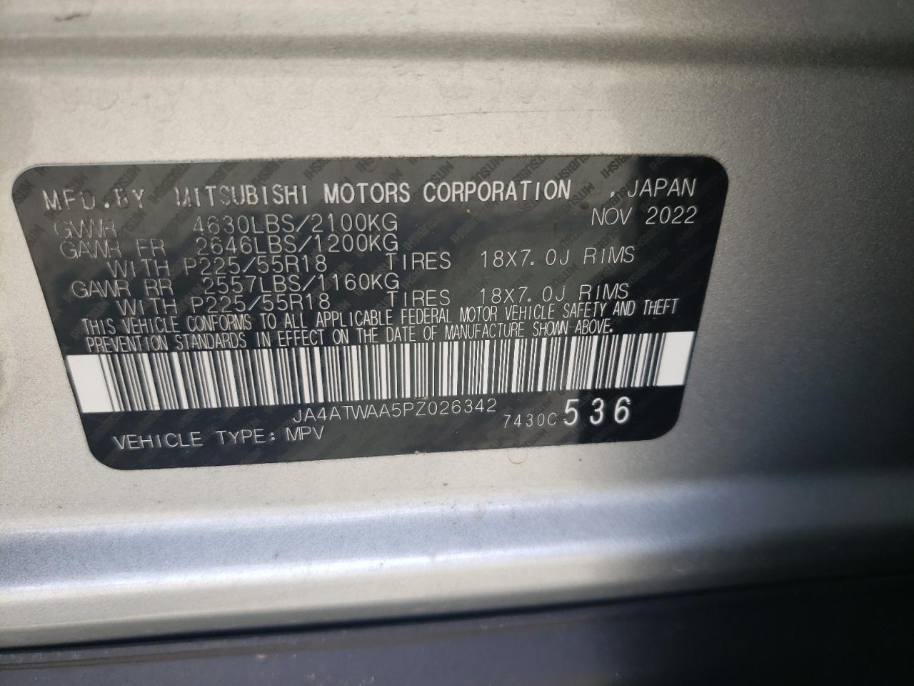 2023 MITSUBISHI ECLIPSE CROSS SE VIN:JA4ATWAA5PZ026342