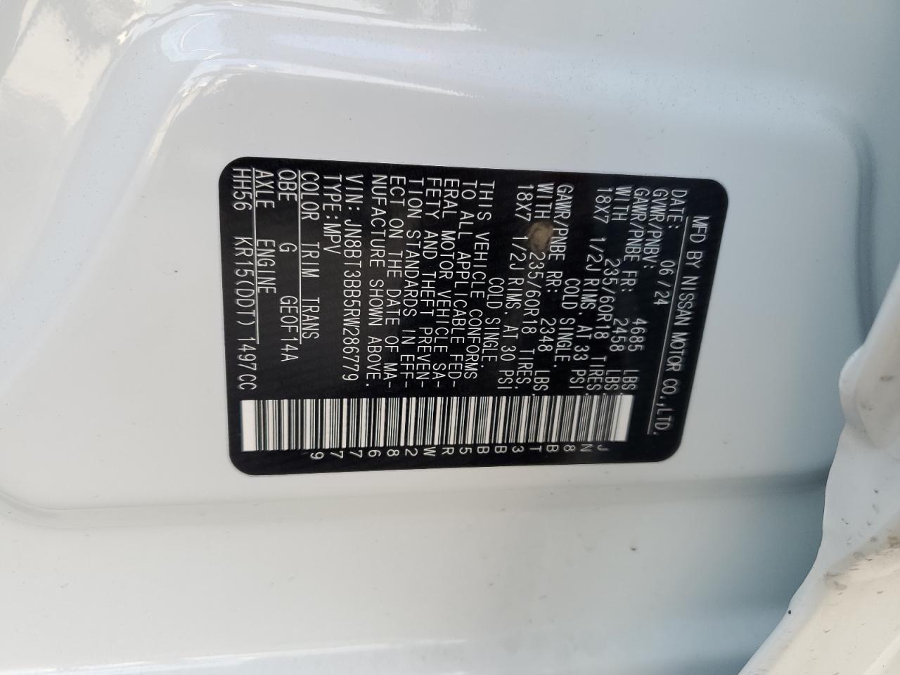 2024 NISSAN ROGUE SV VIN:JN8BT3BB5RW286779