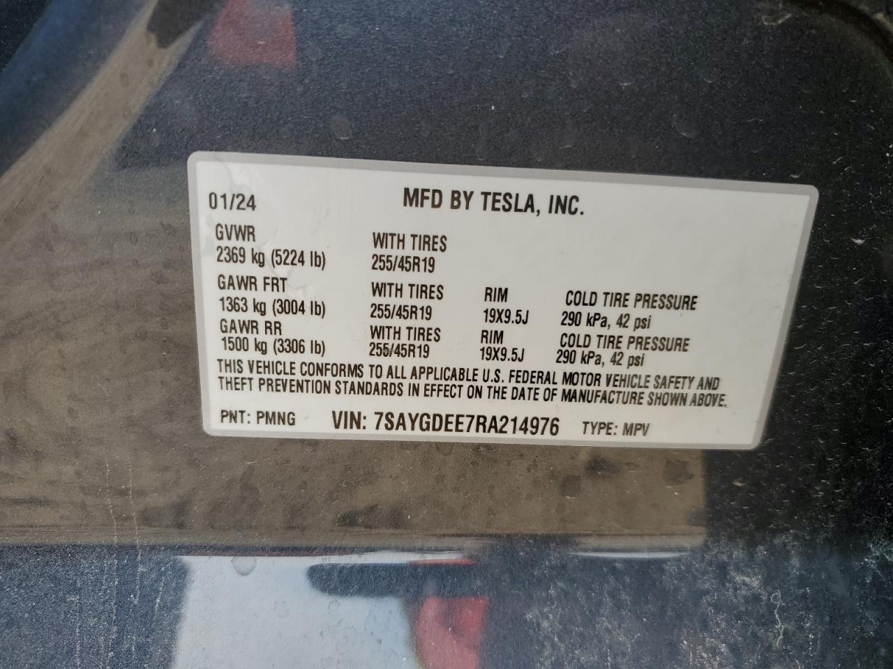 2024 TESLA MODEL Y VIN:7SAYGDEE7RA214976