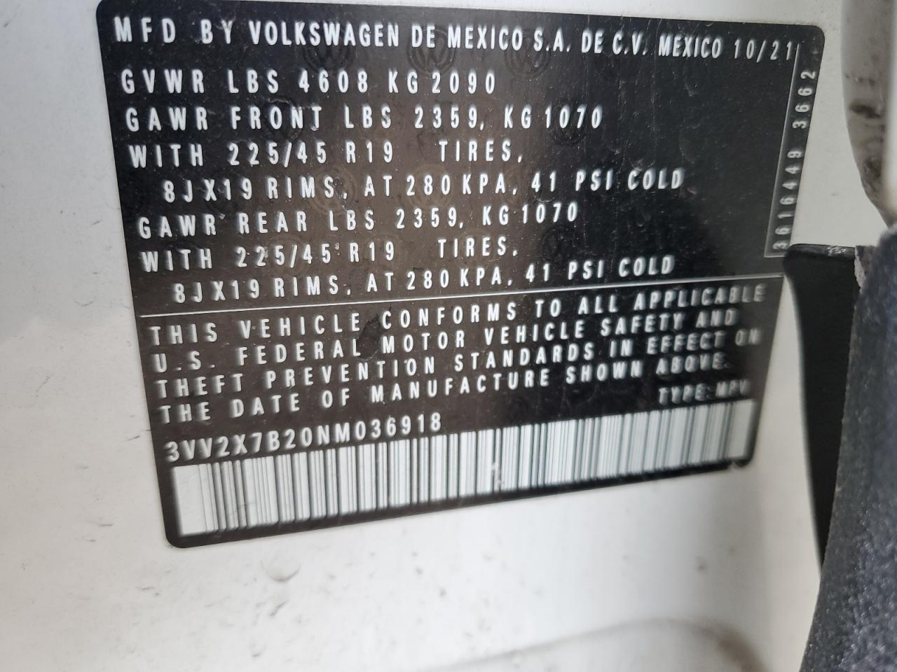 2022 VOLKSWAGEN TAOS SEL VIN:3VV2X7B20NM036918