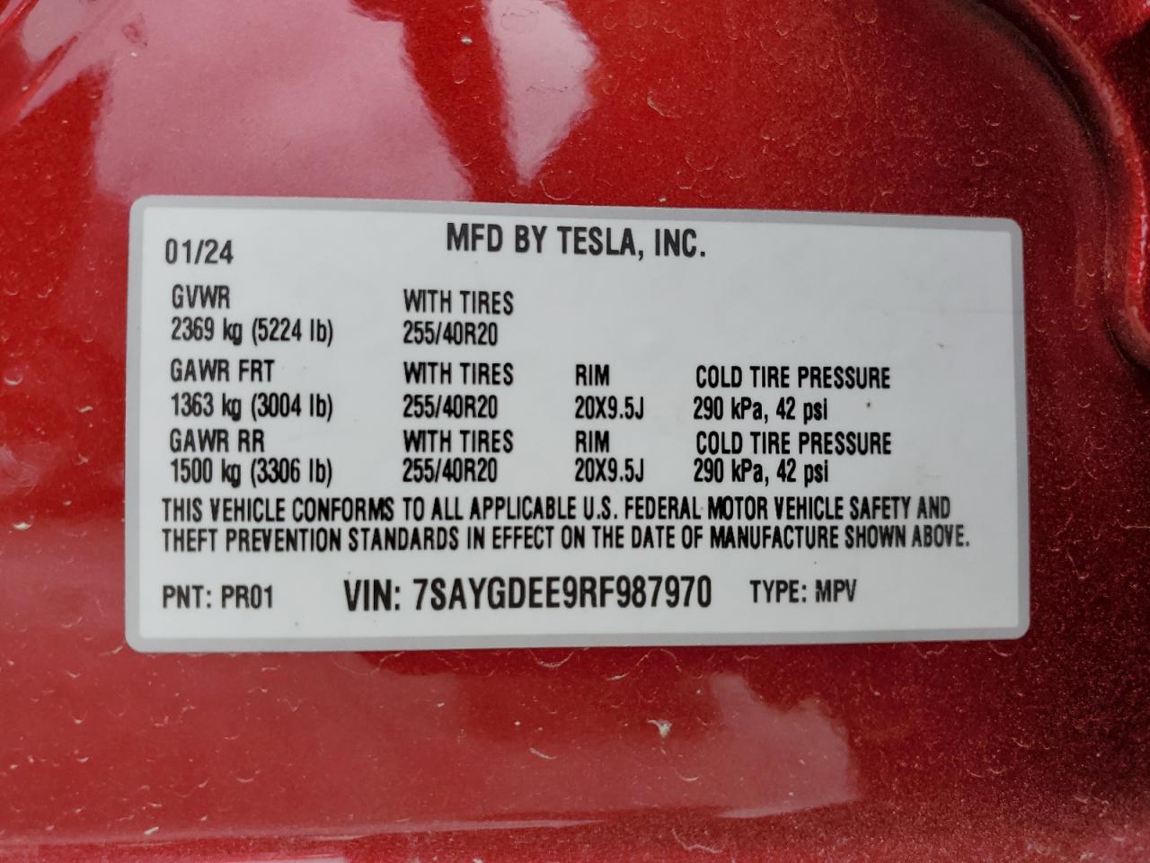 2024 TESLA MODEL Y VIN:7SAYGDEE9RF987970