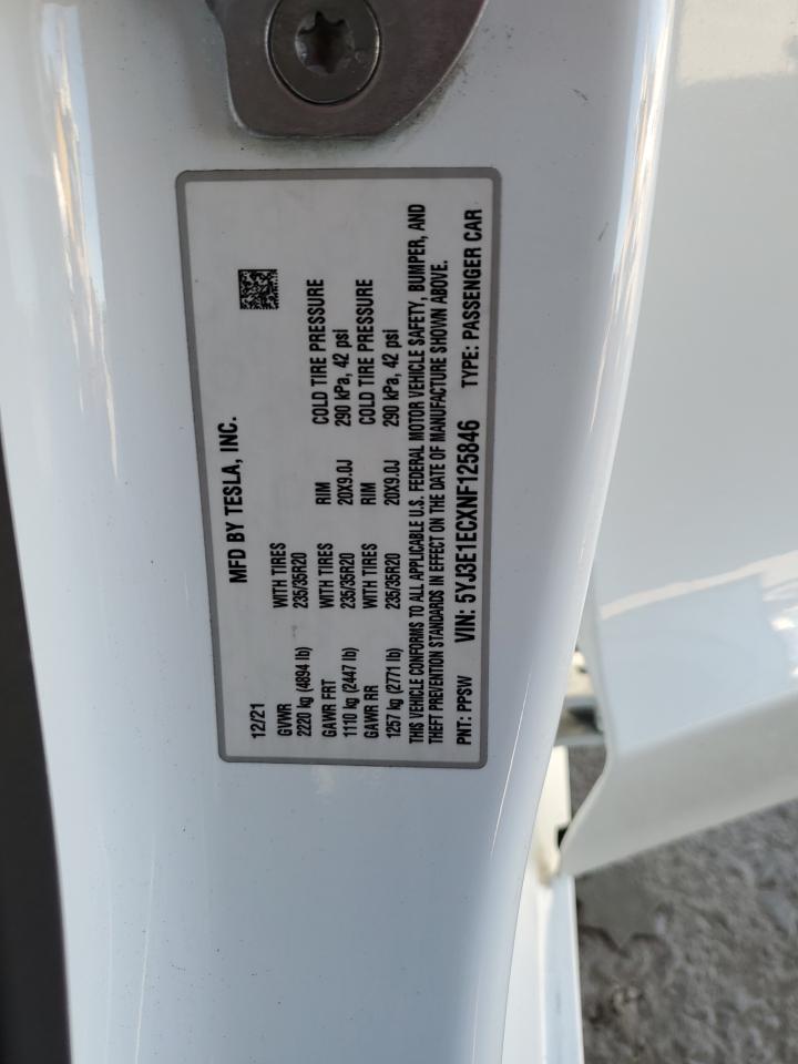 2022 TESLA MODEL 3 VIN:5YJ3E1ECXNF125846