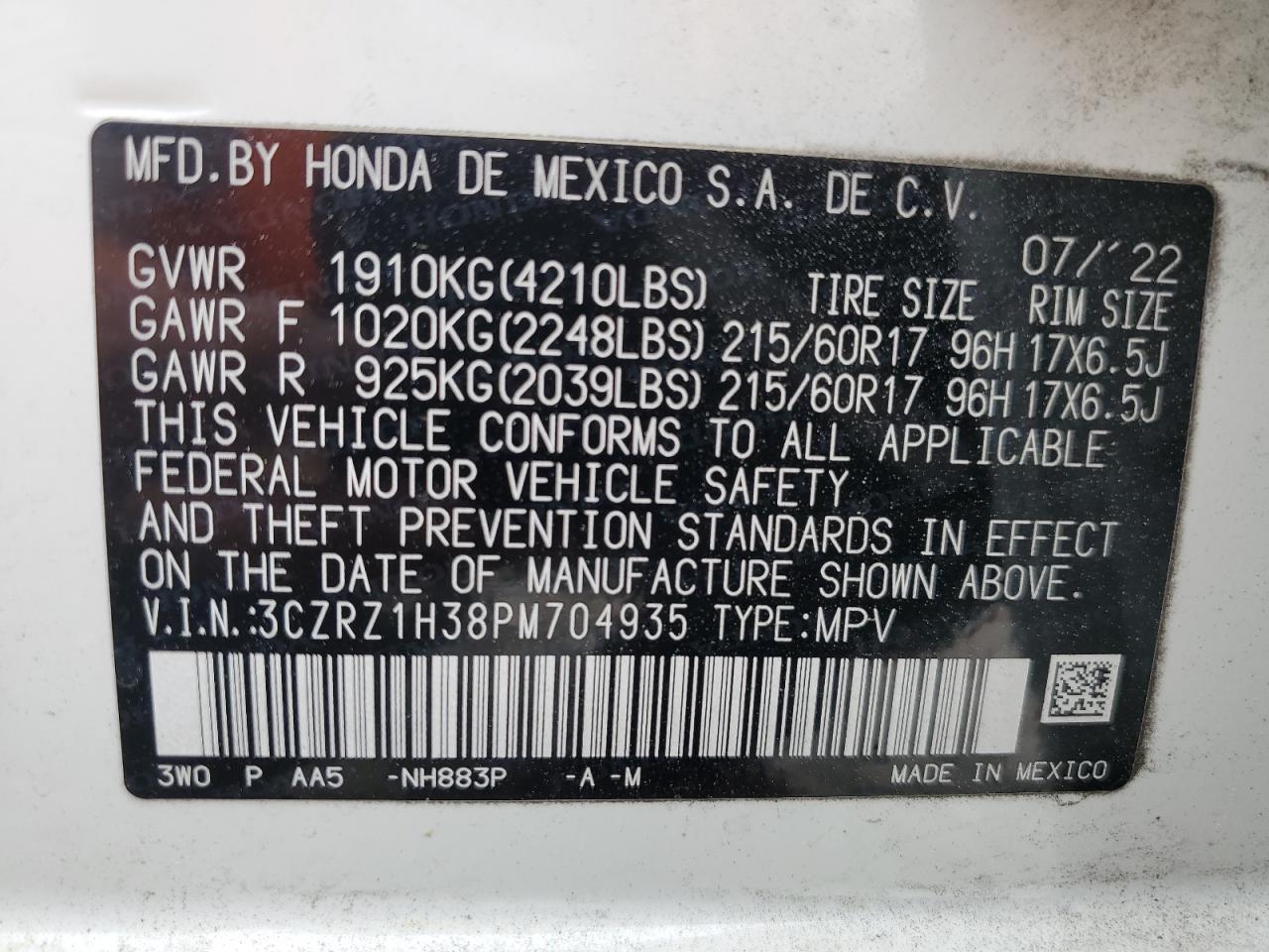 2023 HONDA HR-V LX VIN:3CZRZ1H38PM704935