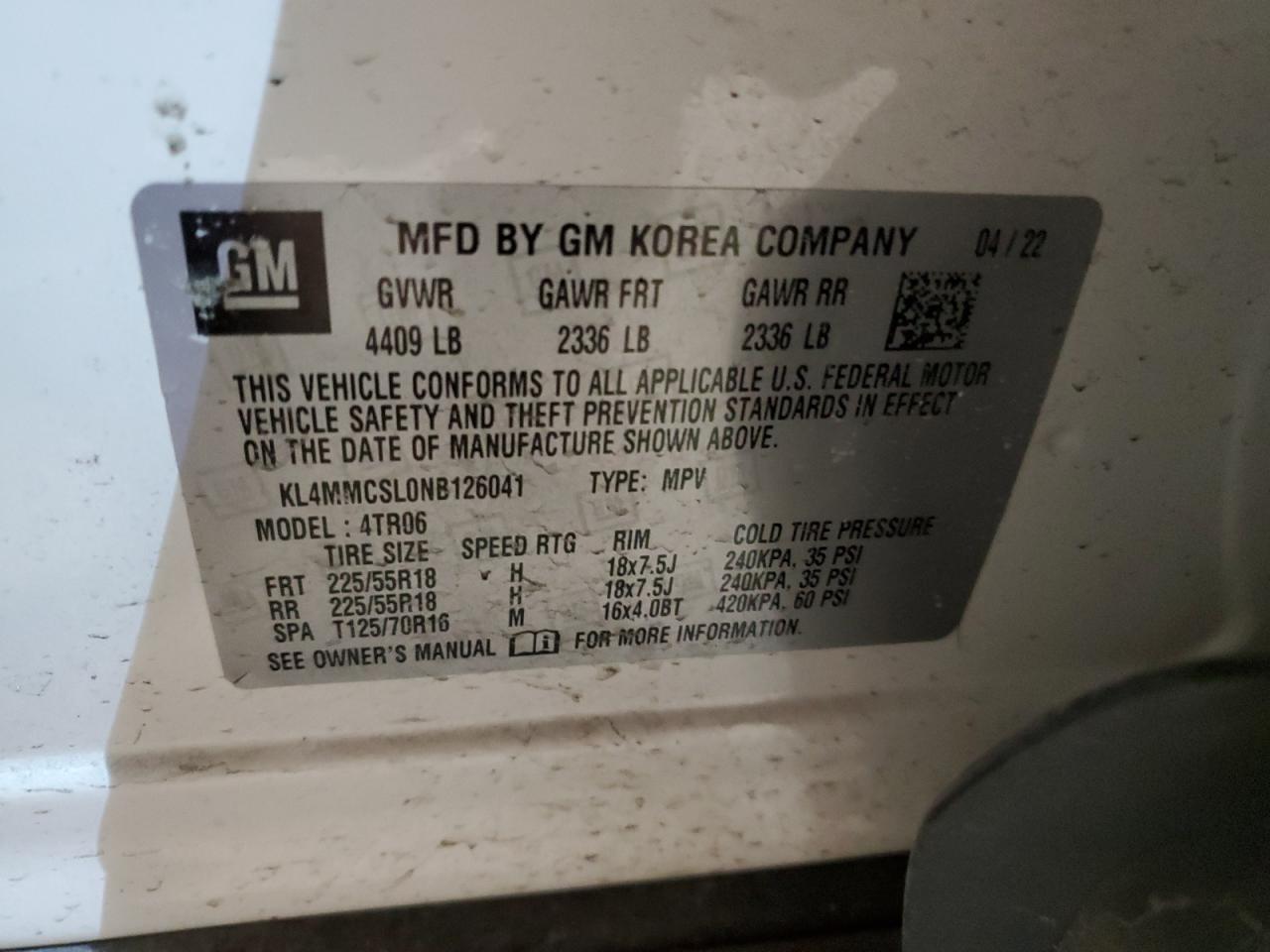 2022 BUICK ENCORE GX PREFERRED VIN:KL4MMCSL0NB126041