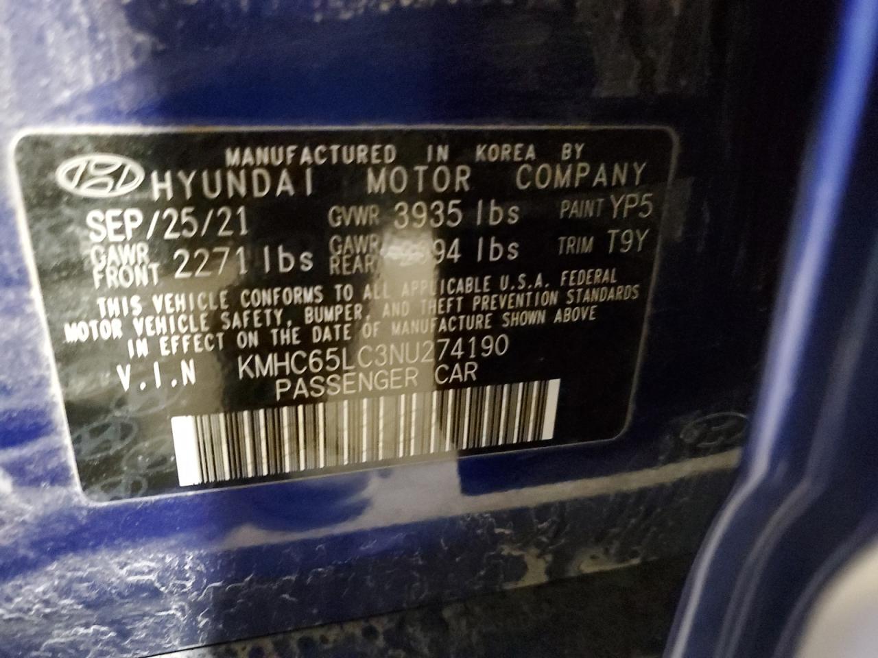 2022 HYUNDAI IONIQ BLUE VIN:KMHC65LC3NU274190