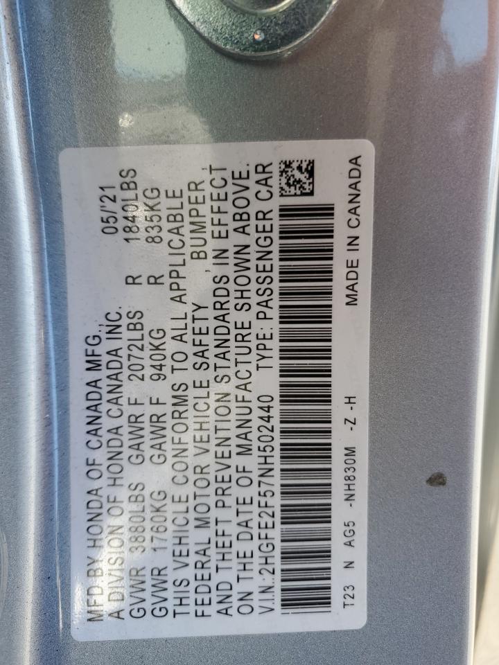 2022 HONDA CIVIC SPORT VIN:2HGFE2F57NH502440