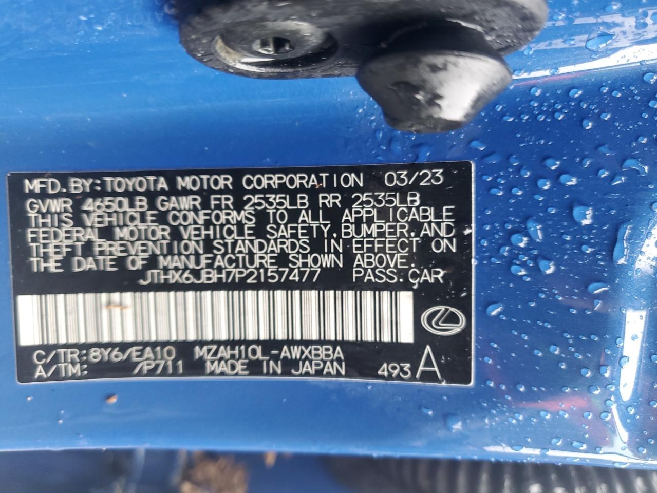 2023 LEXUS UX 250H BASE VIN:JTHX6JBH7P2157477