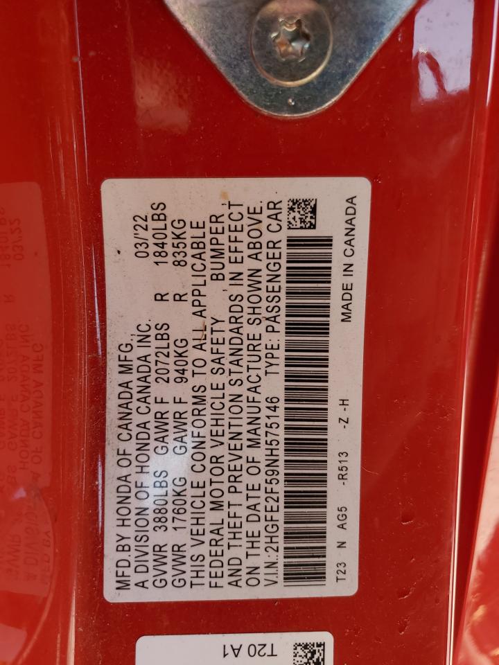 2022 HONDA CIVIC SPORT VIN:2HGFE2F59NH575146