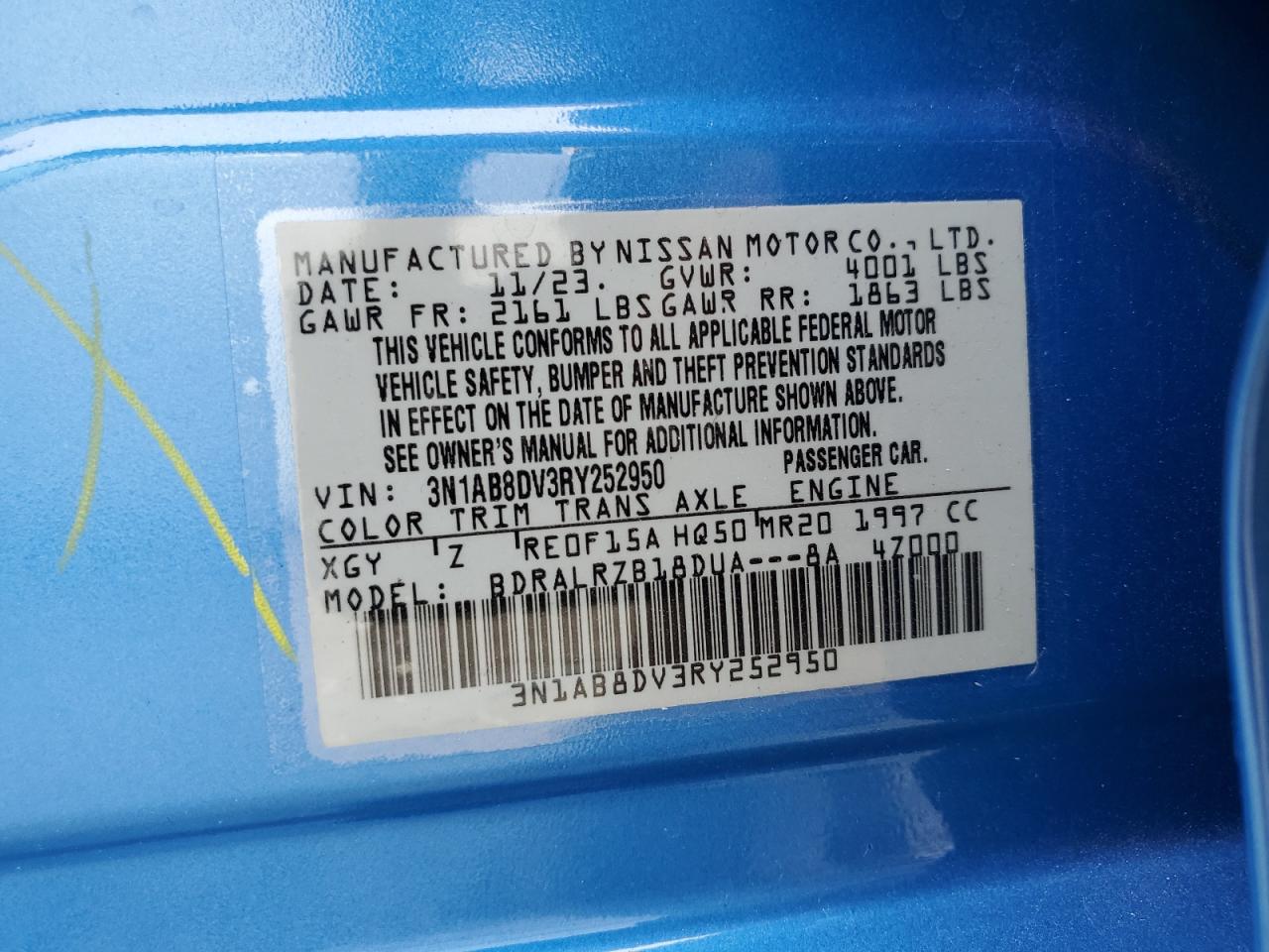2024 NISSAN SENTRA SR VIN:3N1AB8DV3RY252950