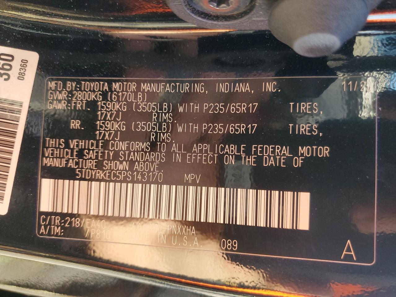 2023 TOYOTA SIENNA XLE VIN:5TDYRKEC5PS143170