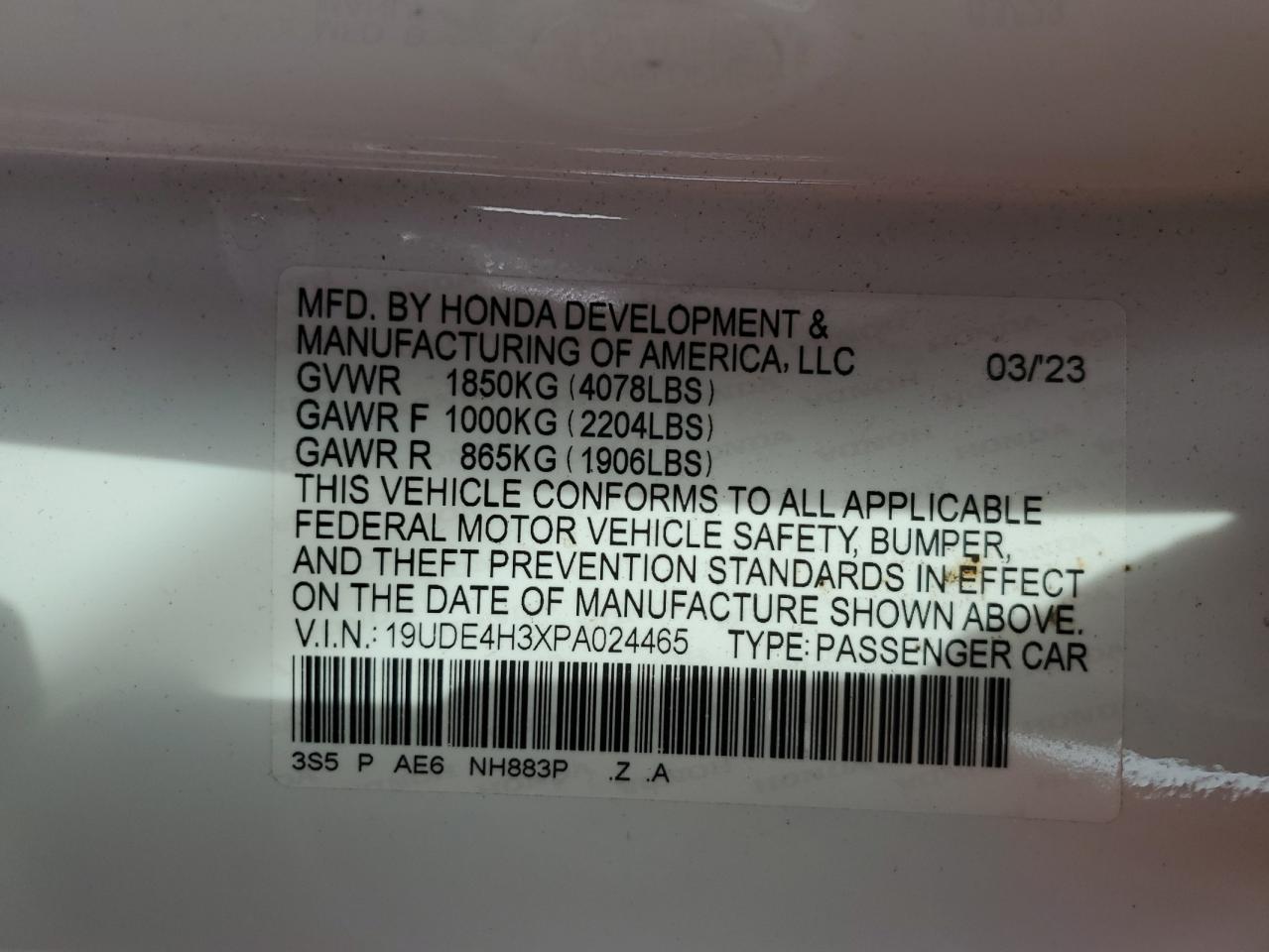 2023 ACURA INTEGRA A-SPEC VIN:19UDE4H3XPA024465