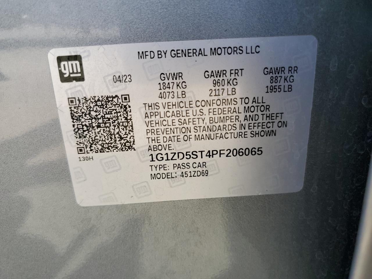 2023 CHEVROLET MALIBU LT VIN:1G1ZD5ST4PF206065