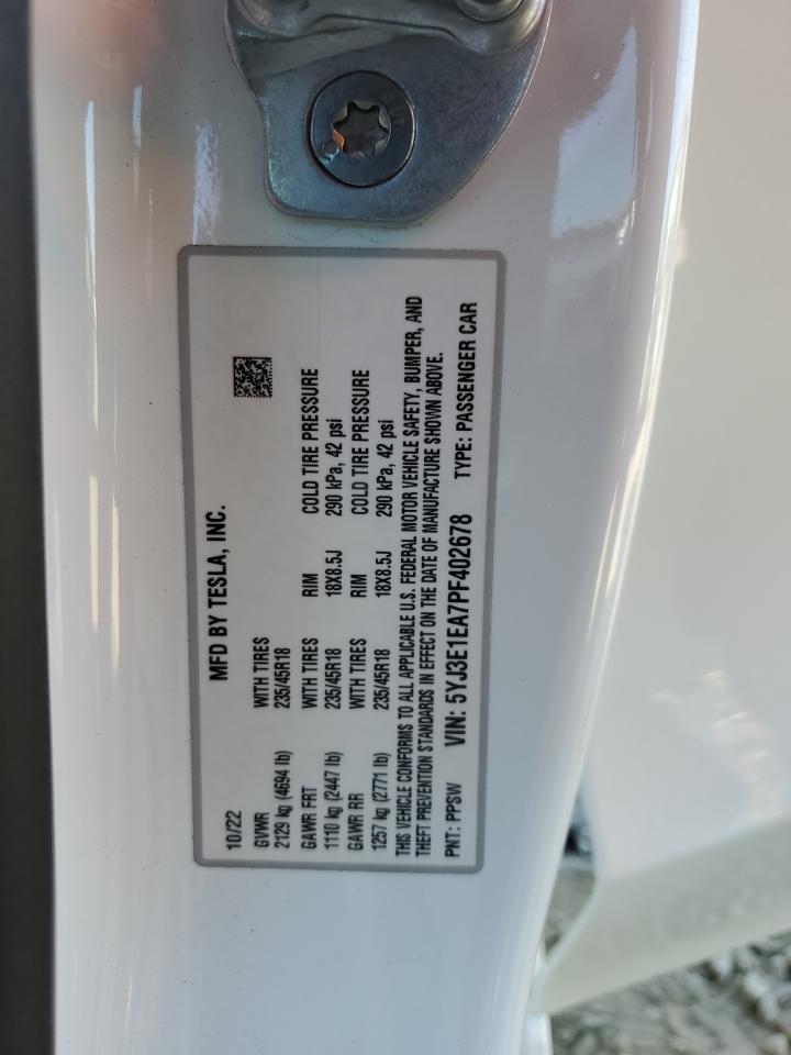 2023 TESLA MODEL 3 VIN:5YJ3E1EA7PF402678