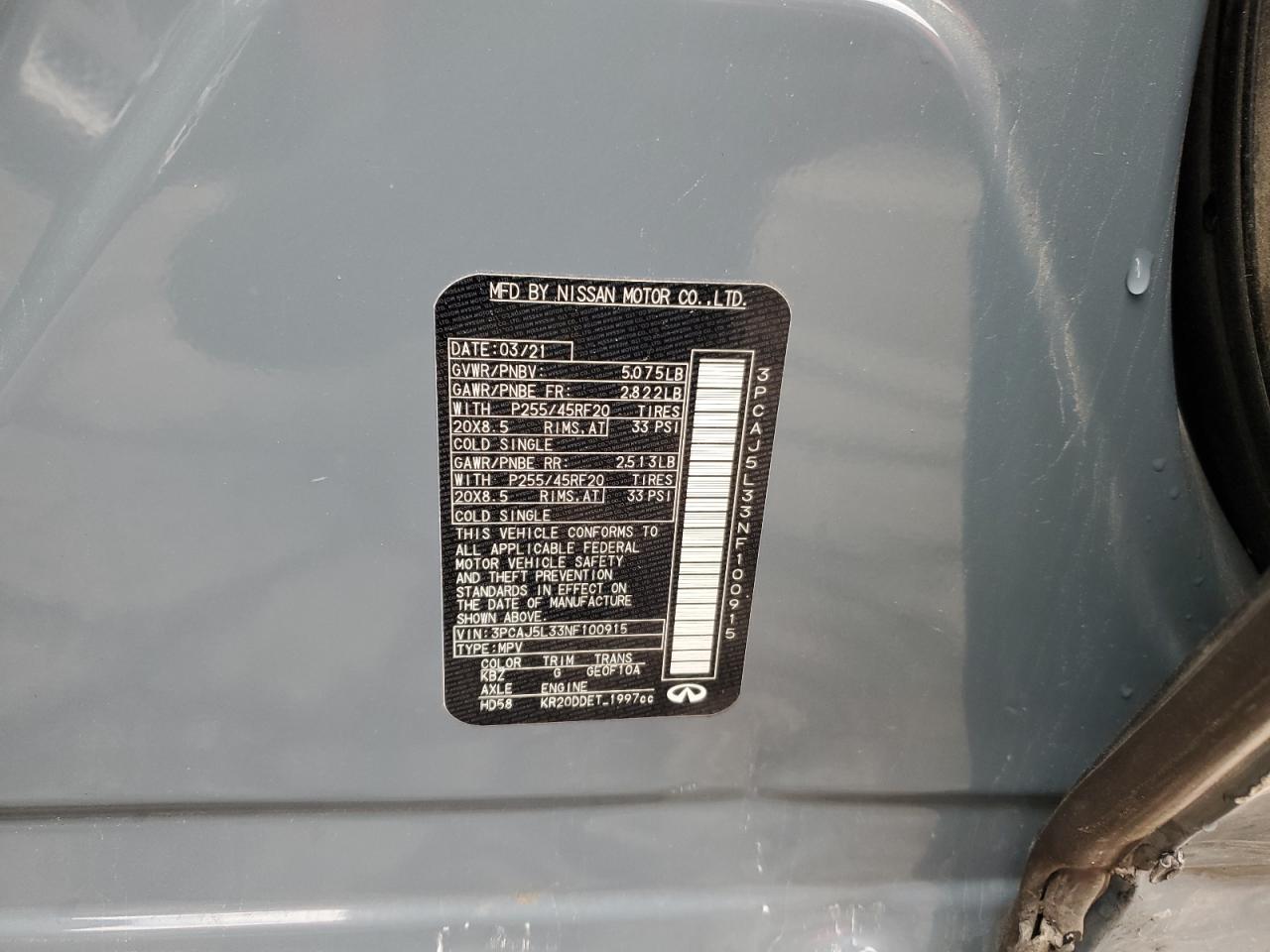 2022 INFINITI QX55 SENSORY VIN:3PCAJ5L33NF100915