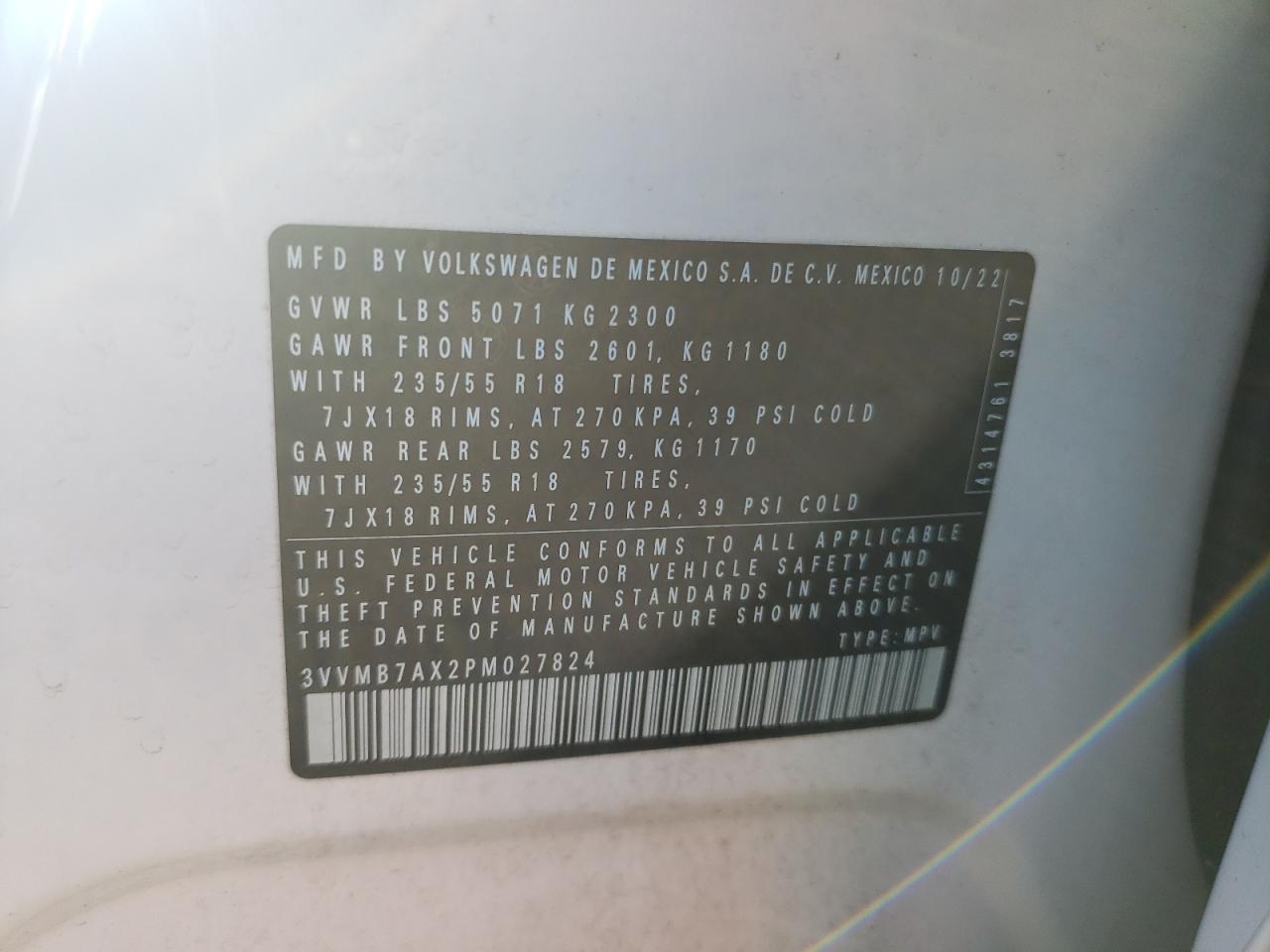 2023 VOLKSWAGEN TIGUAN SE VIN:3VVMB7AX2PM027824