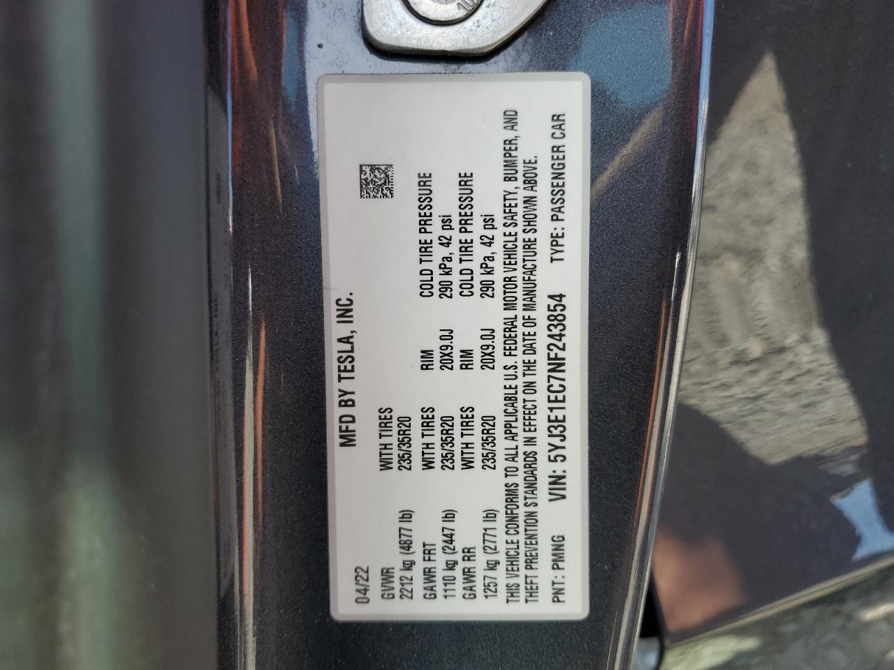 2022 TESLA MODEL 3 VIN:5YJ3E1EC7NF243854
