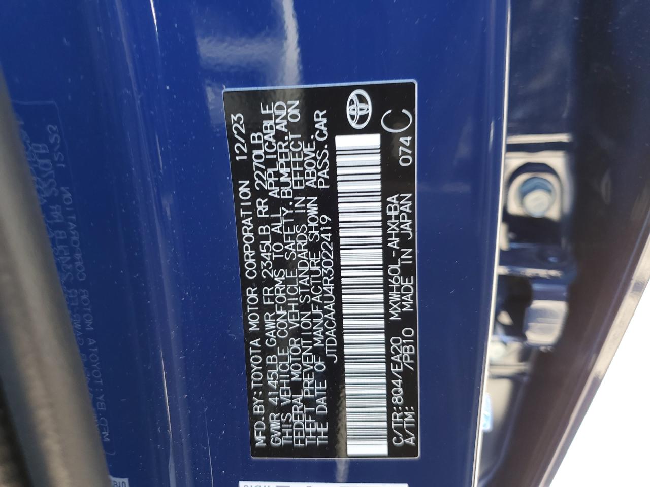 2024 TOYOTA PRIUS LE VIN:JTDACAAU4R3022419