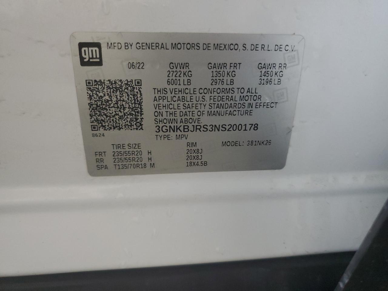 2022 CHEVROLET BLAZER 3LT VIN:3GNKBJRS3NS200178