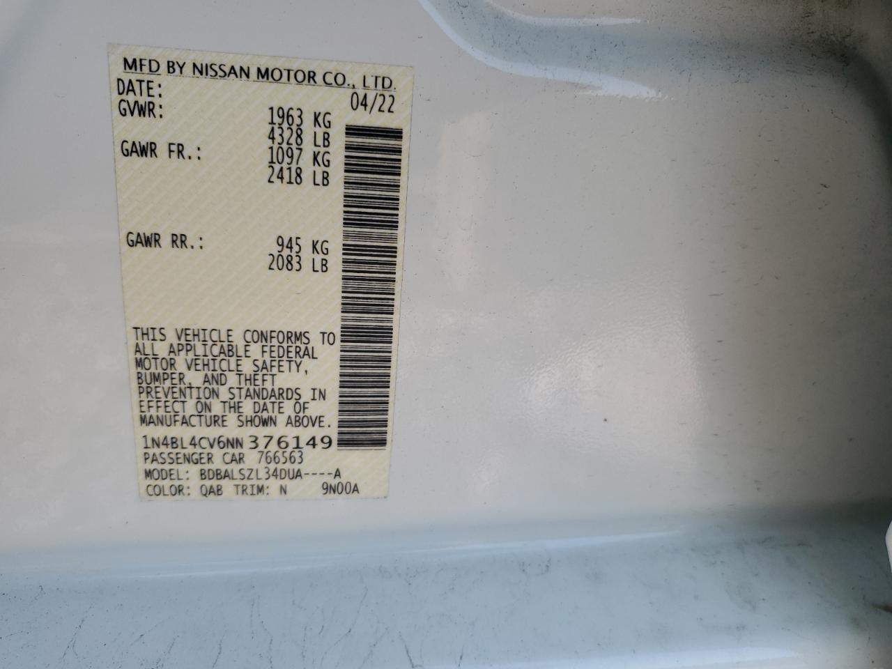 2022 NISSAN ALTIMA SR VIN:1N4BL4CV6NN376149