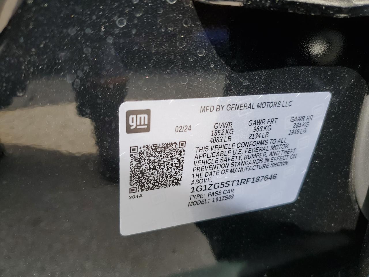 2024 CHEVROLET MALIBU RS VIN:1G1ZG5ST1RF187646
