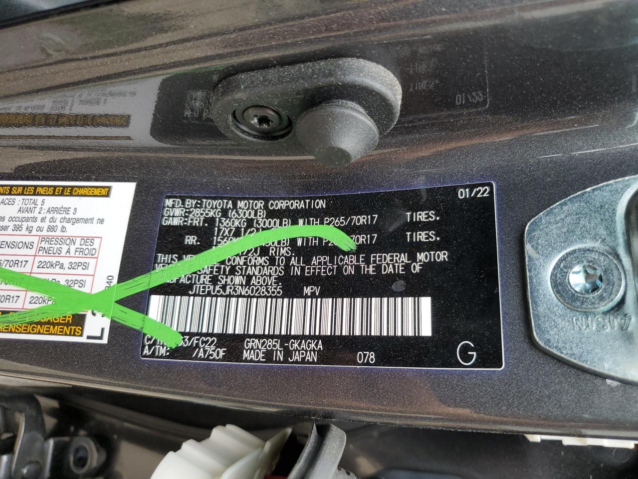 2022 TOYOTA 4RUNNER SR5/SR5 PREMIUM VIN:JTEPU5JR3N6028355