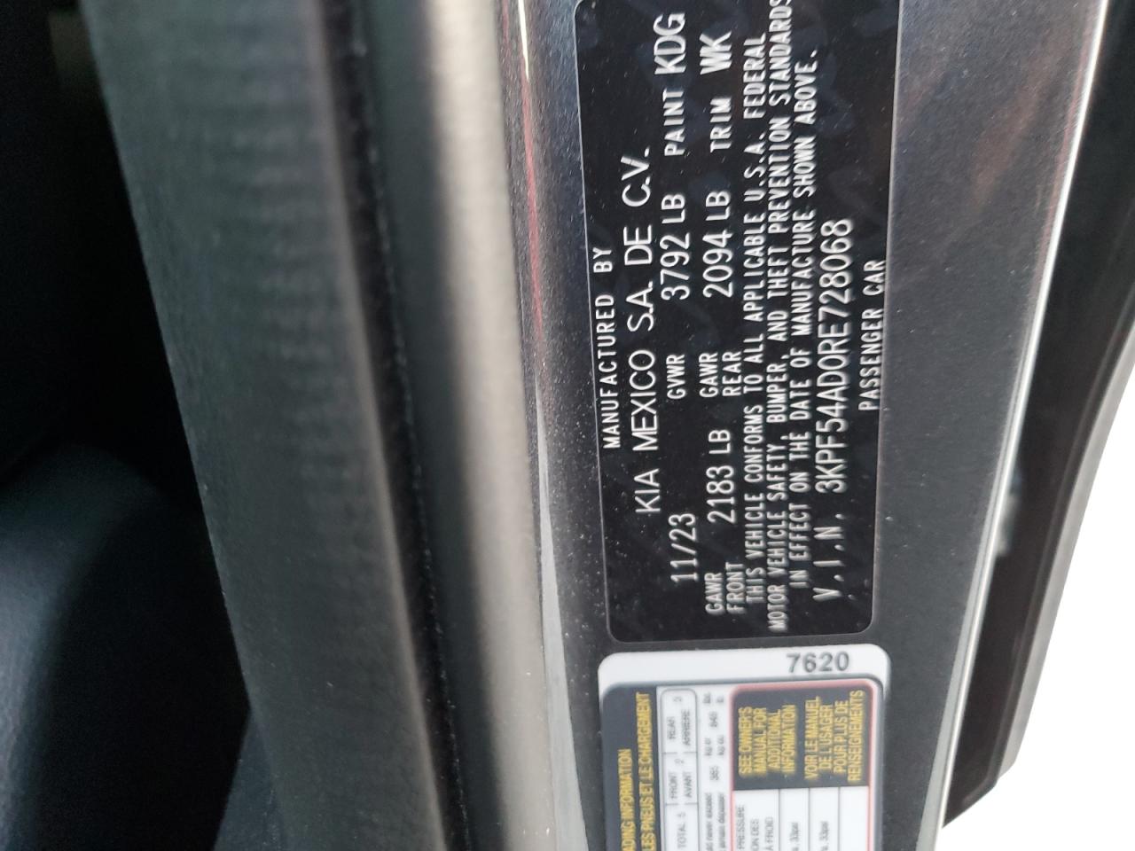 2024 KIA FORTE GT LINE VIN:3KPF54AD0RE728068