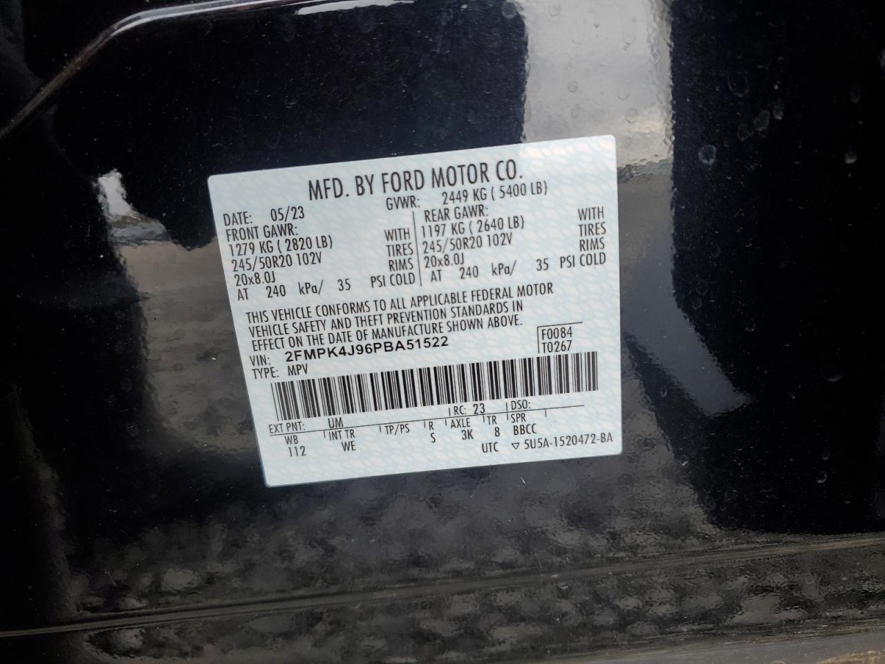 2023 FORD EDGE SEL VIN:2FMPK4J96PBA51522