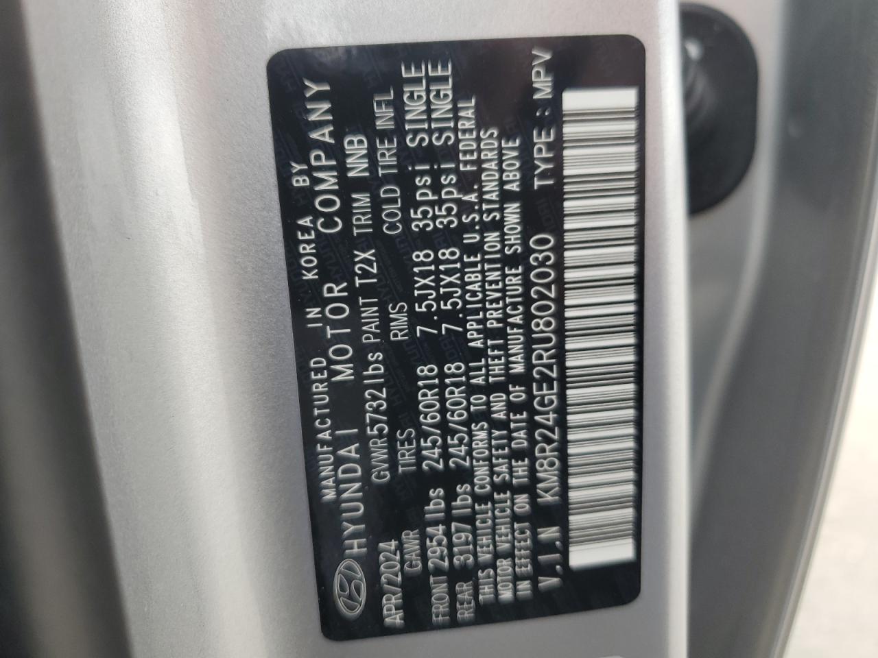 2024 HYUNDAI PALISADE SEL VIN:KM8R24GE2RU802030