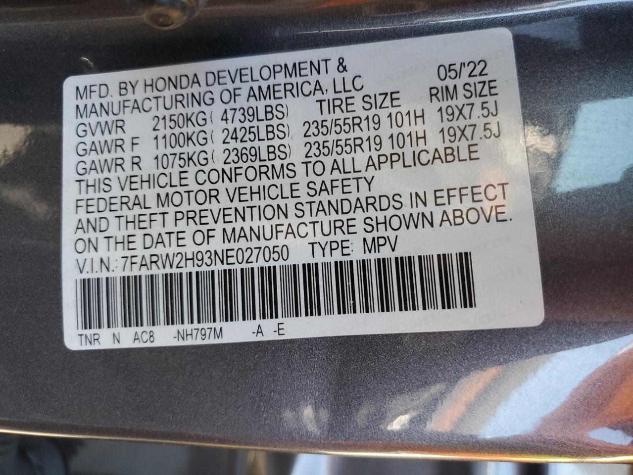 2022 HONDA CR-V TOURING VIN:7FARW2H93NE027050