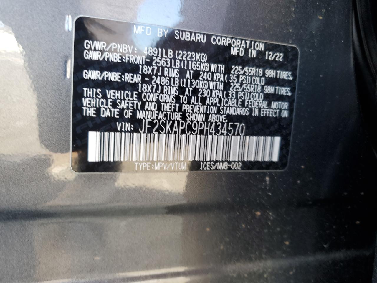 2023 SUBARU FORESTER LIMITED VIN:JF2SKAPC9PH434570