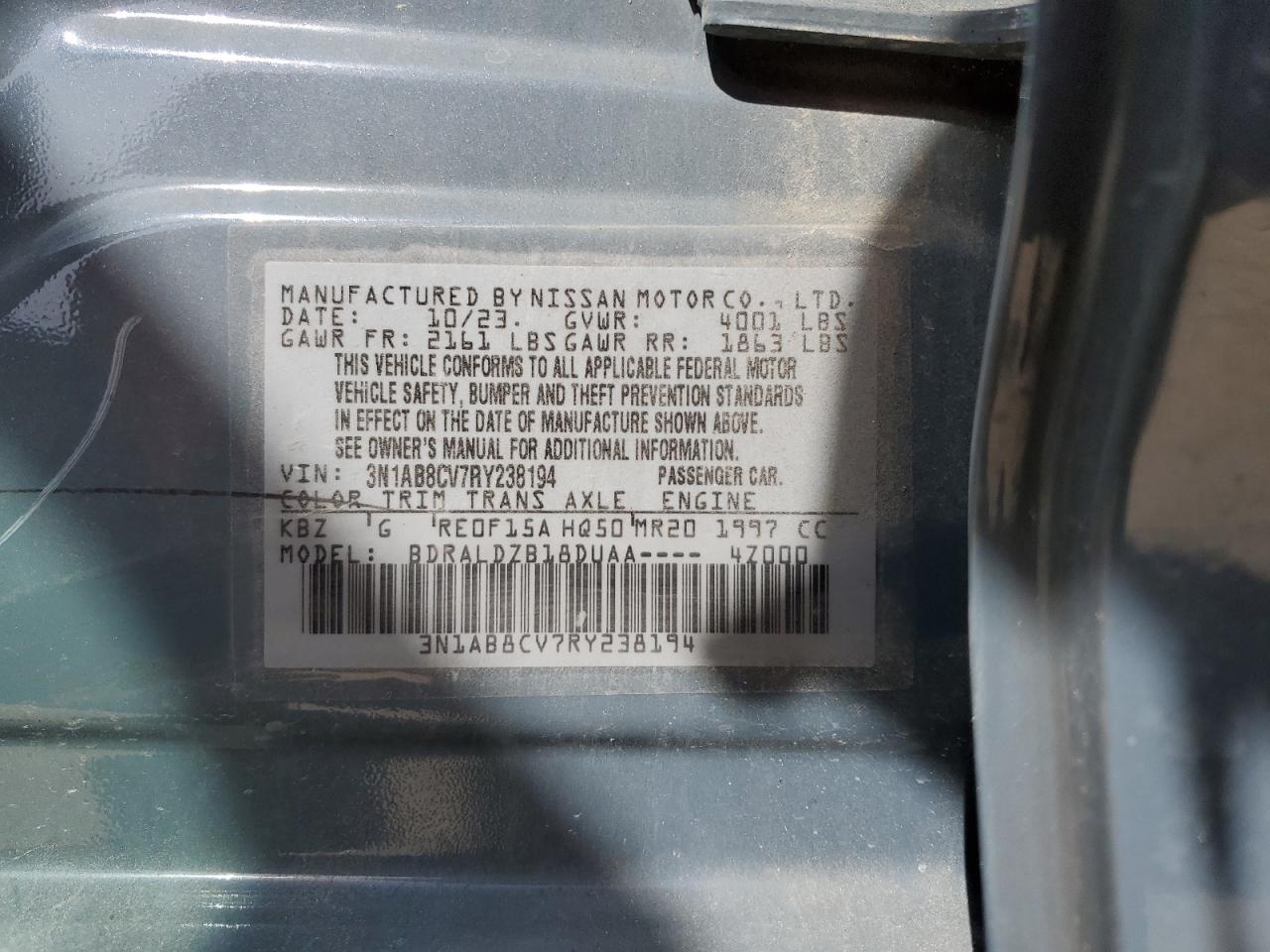 2024 NISSAN SENTRA SV VIN:3N1AB8CV7RY238194