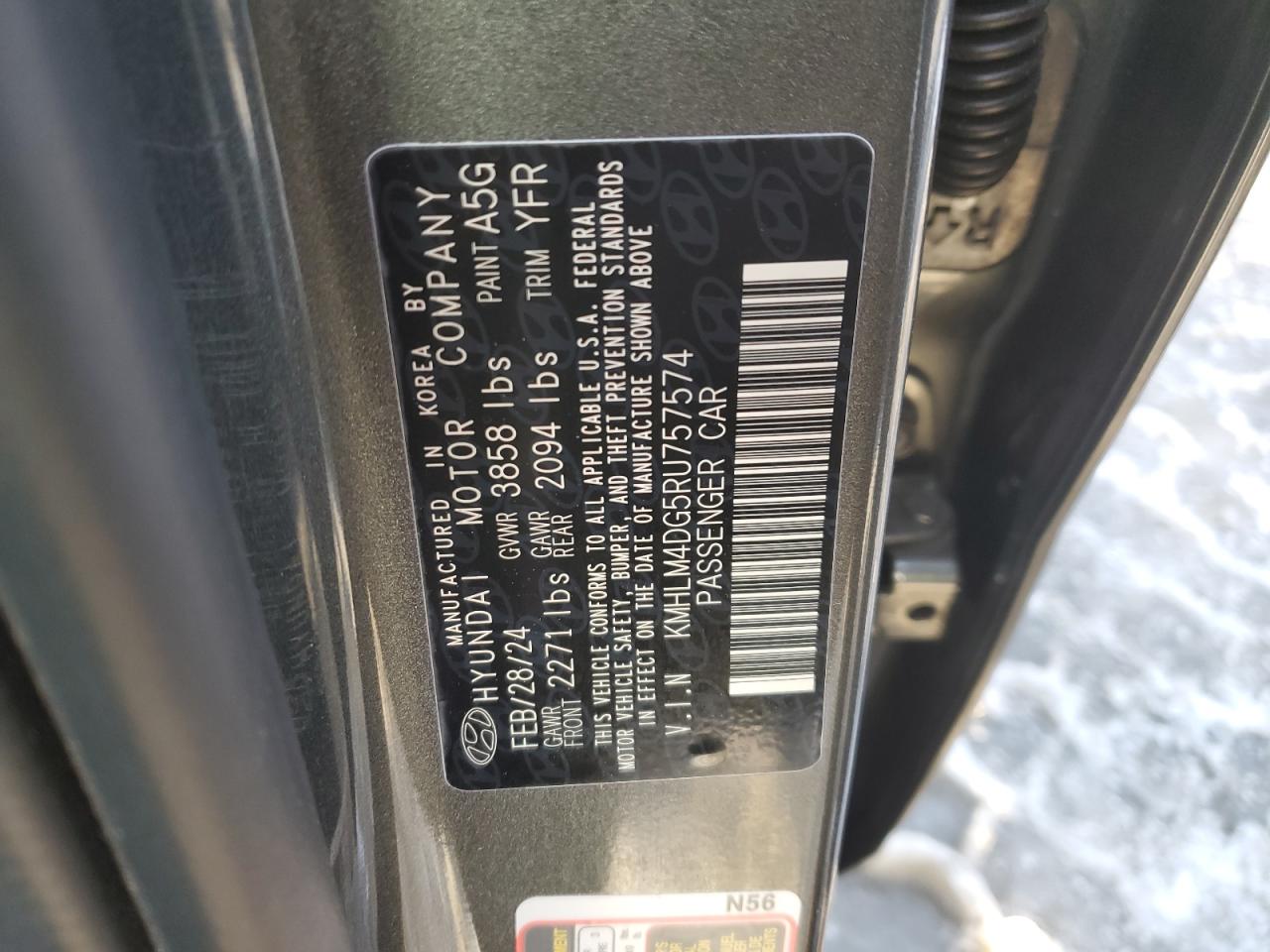 2024 HYUNDAI ELANTRA SEL VIN:KMHLM4DG5RU757574