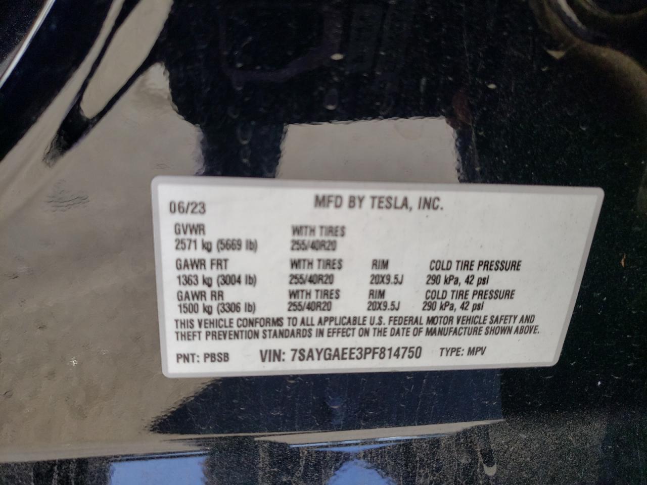 2023 TESLA MODEL Y VIN:7SAYGAEE3PF814750
