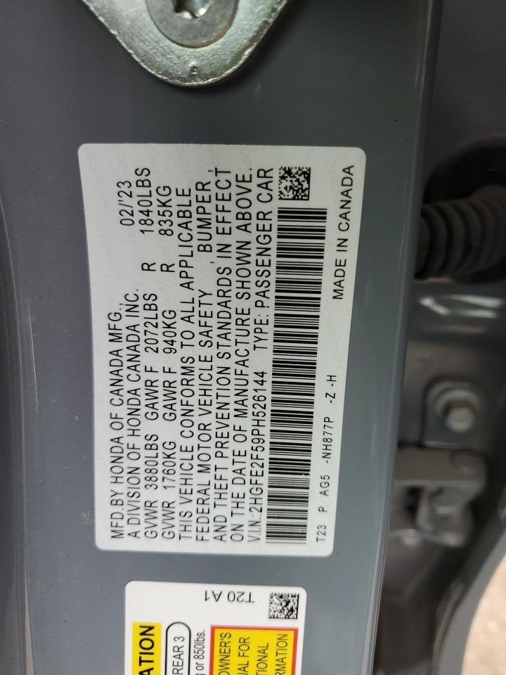 2023 HONDA CIVIC SPORT VIN:2HGFE2F59PH526144