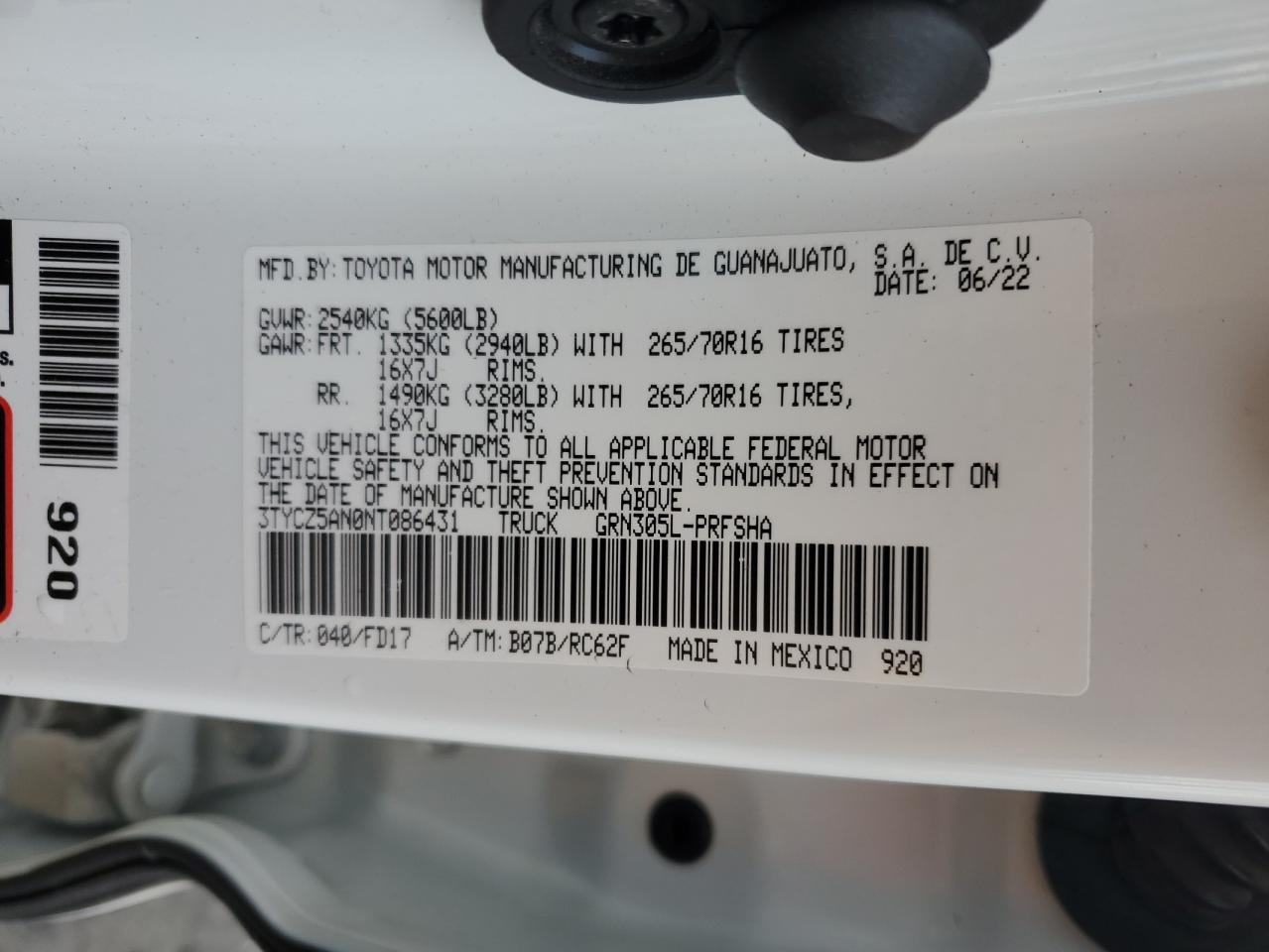 2022 TOYOTA TACOMA DOUBLE CAB VIN:3TYCZ5AN0NT086431