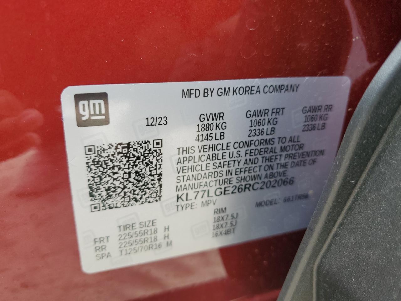 2024 CHEVROLET TRAX 1RS VIN:KL77LGE26RC202066