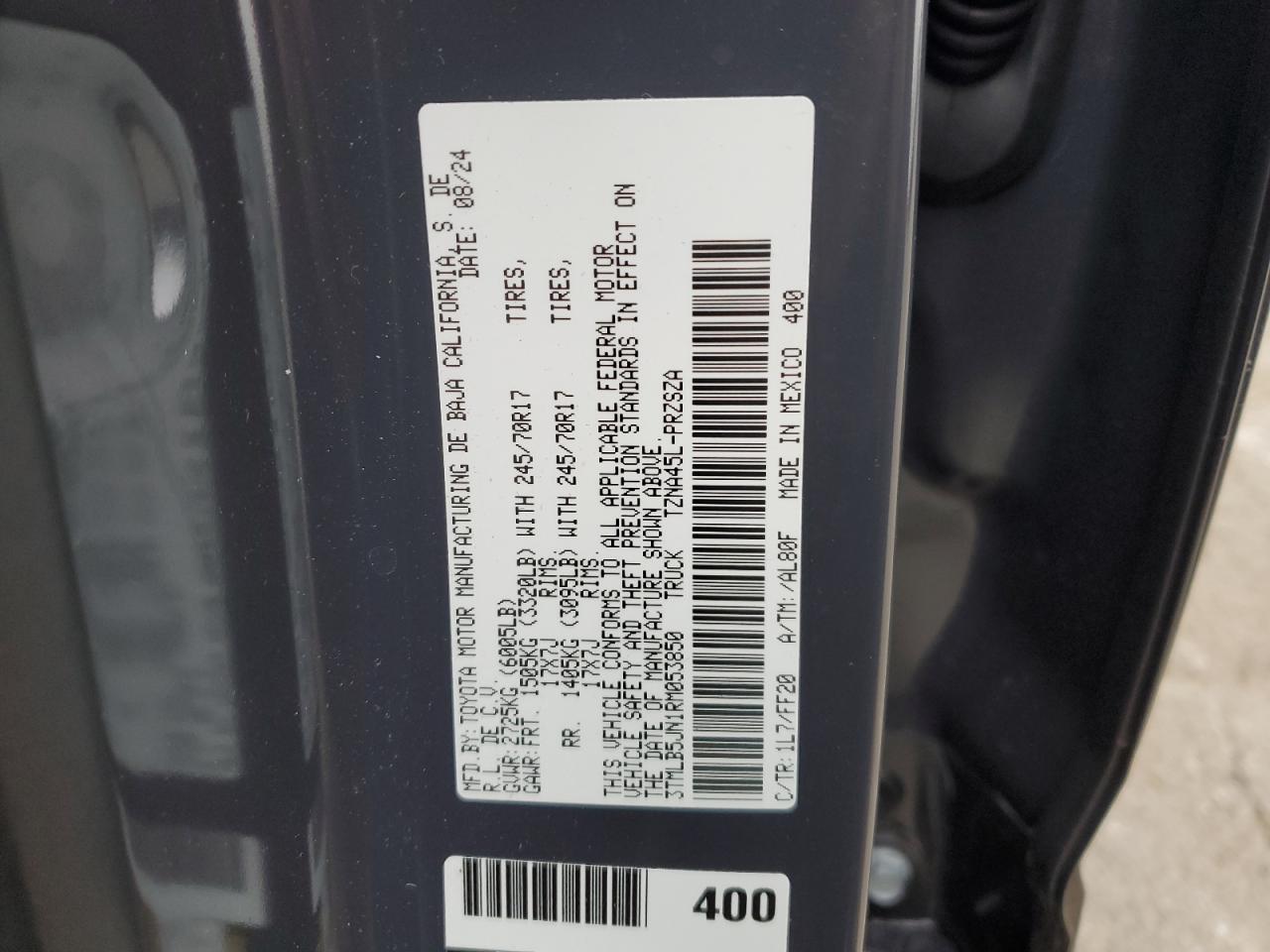 2024 TOYOTA TACOMA DOUBLE CAB VIN:3TMLB5JN1RM053850