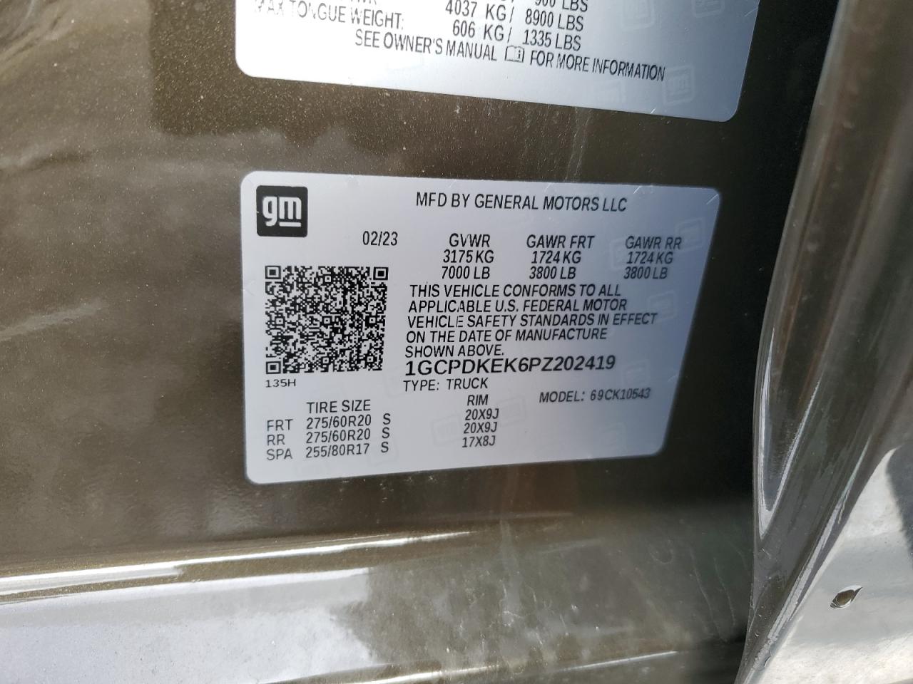 2023 CHEVROLET SILVERADO K1500 LT-L VIN:1GCPDKEK6PZ202419