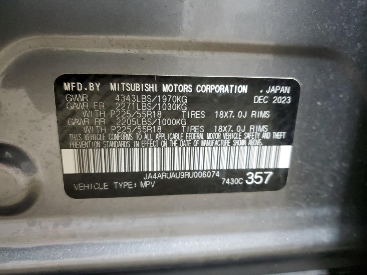 2024 MITSUBISHI OUTLANDER SPORT S/SE VIN:JA4ARUAU9RU006074