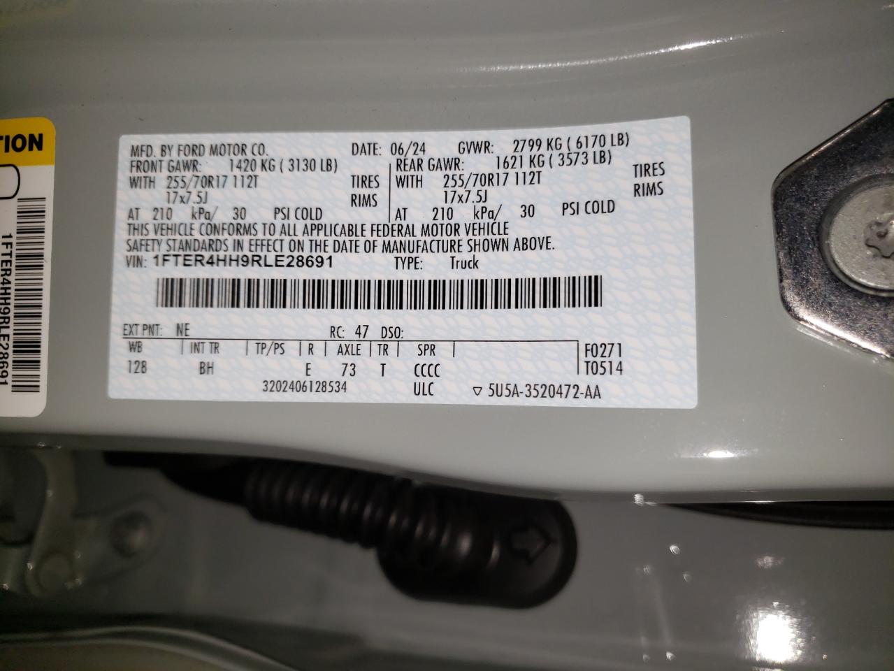 2024 FORD RANGER XLT VIN:1FTER4HH9RLE28691