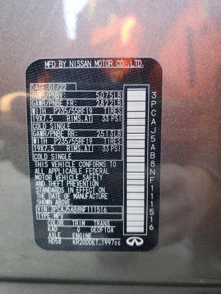 2022 INFINITI QX50 PURE VIN:3PCAJ5AB8NF111516